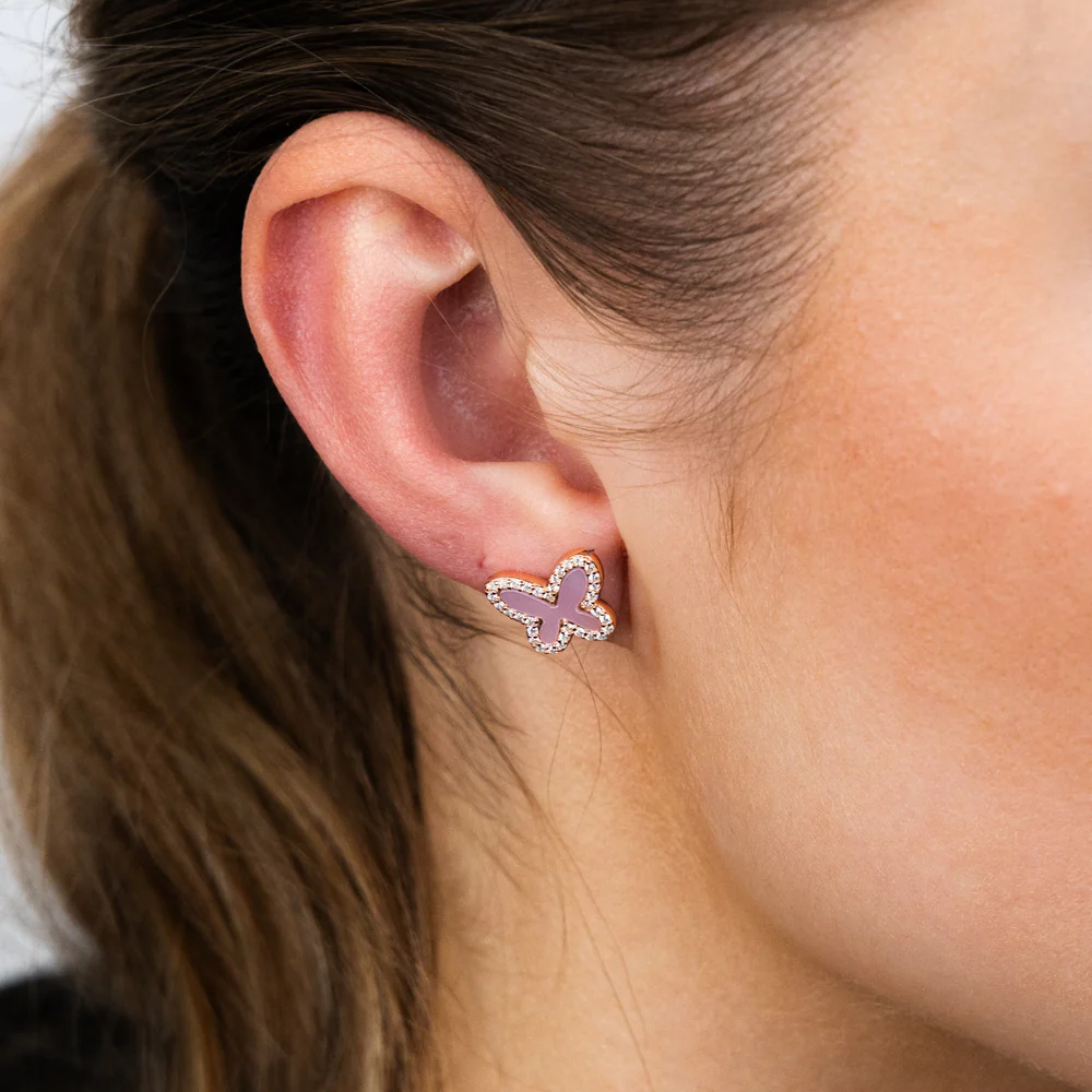Sterling Silver Rose Gold Plated Cubic Zirconia Pink Shell Pearl Butterfly Stud Earrings - Image 2