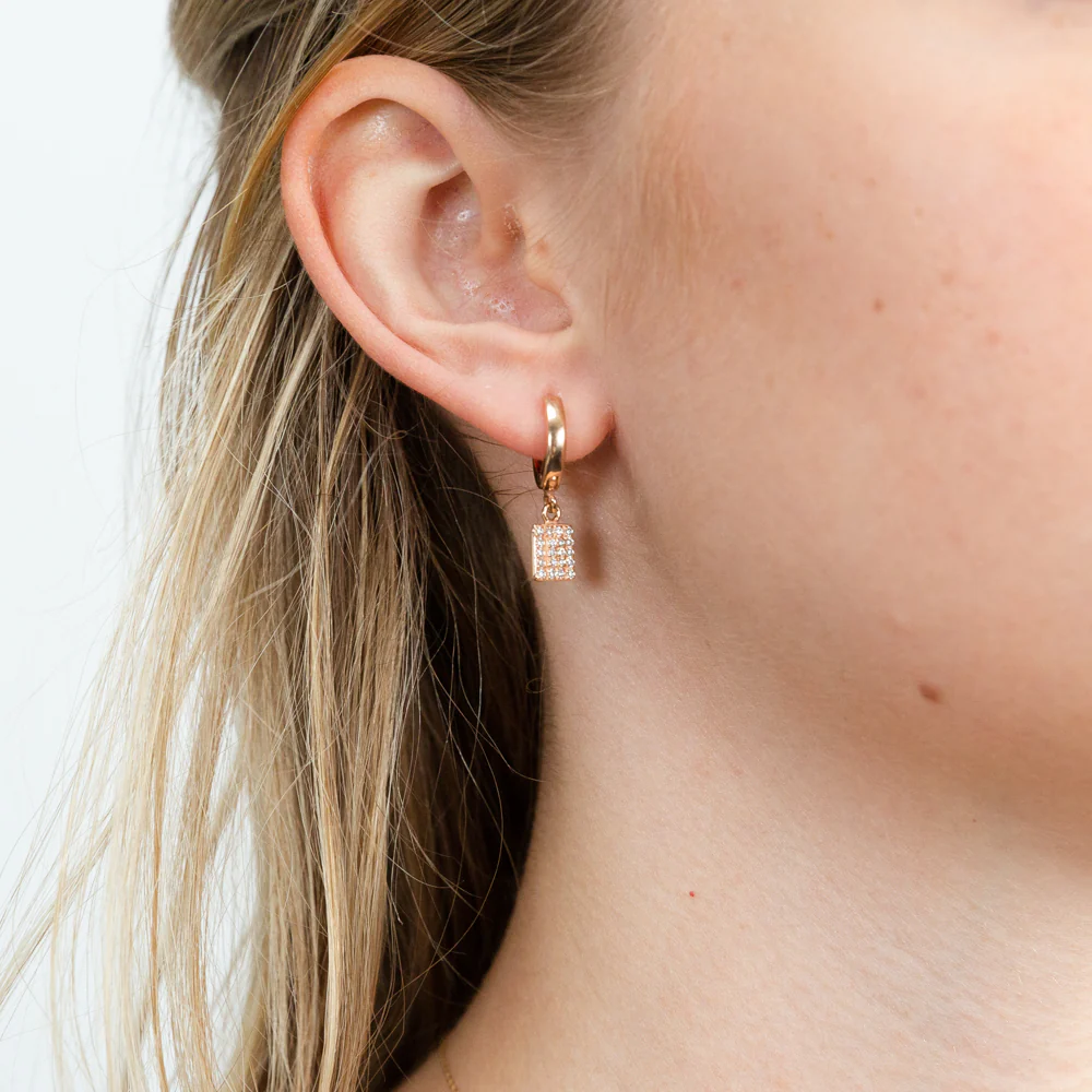Sterling Silver Rose Gold Plated Cubic Zirconia Tag Hoop Earrings - Image 2
