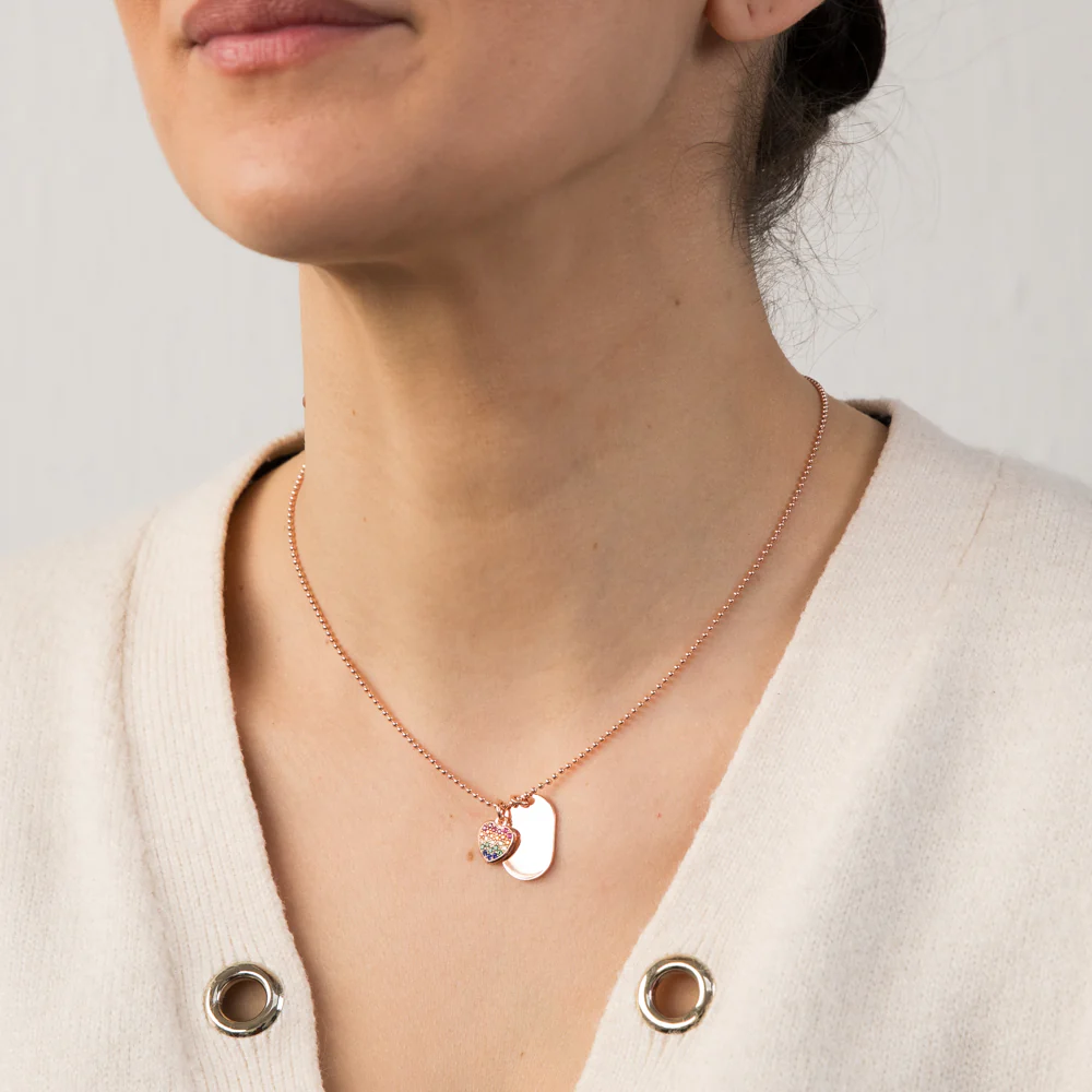 Sterling Silver Rose Gold Plated Dog Tag Multicolour Heart Pendant On 45cm Chain - Image 2