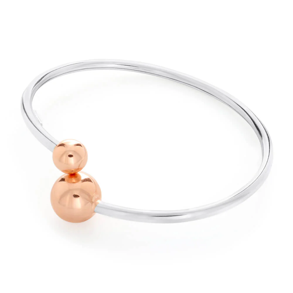 Sterling Silver Rose Gold Plated Fancy Ball Torque Flexible Bangle - Image 2