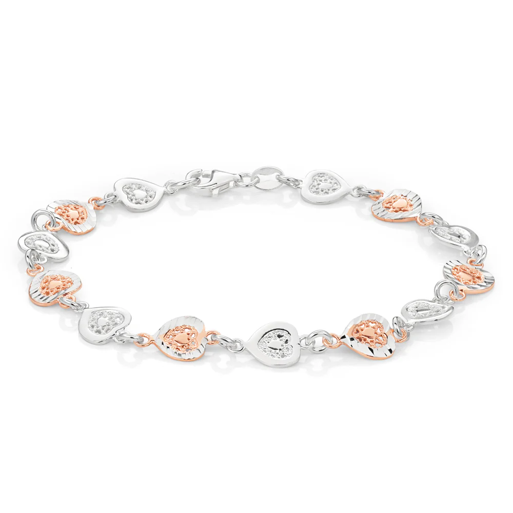 Sterling Silver Rose Gold Plated Fancy Heart Bracelet 19cm - Image 2