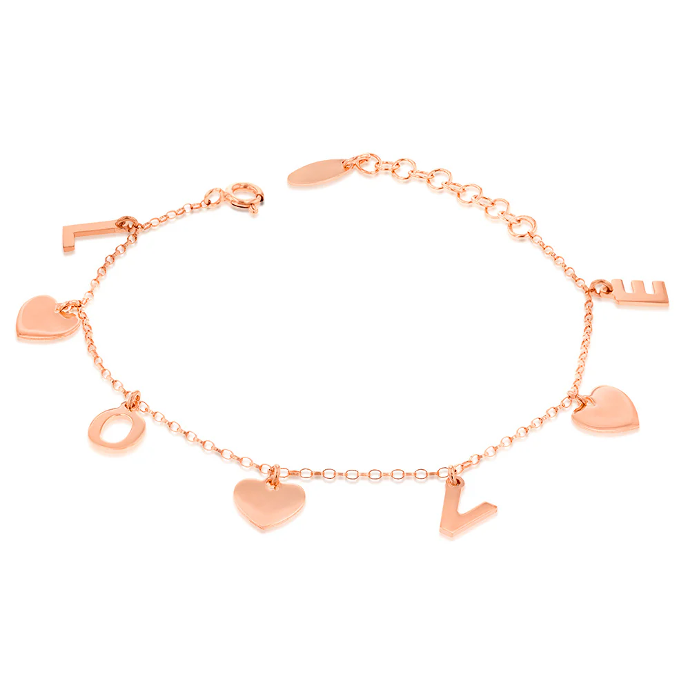 Sterling Silver Rose Gold Plated Love Charm 15.8+2.5cm Bracelet - Image 2