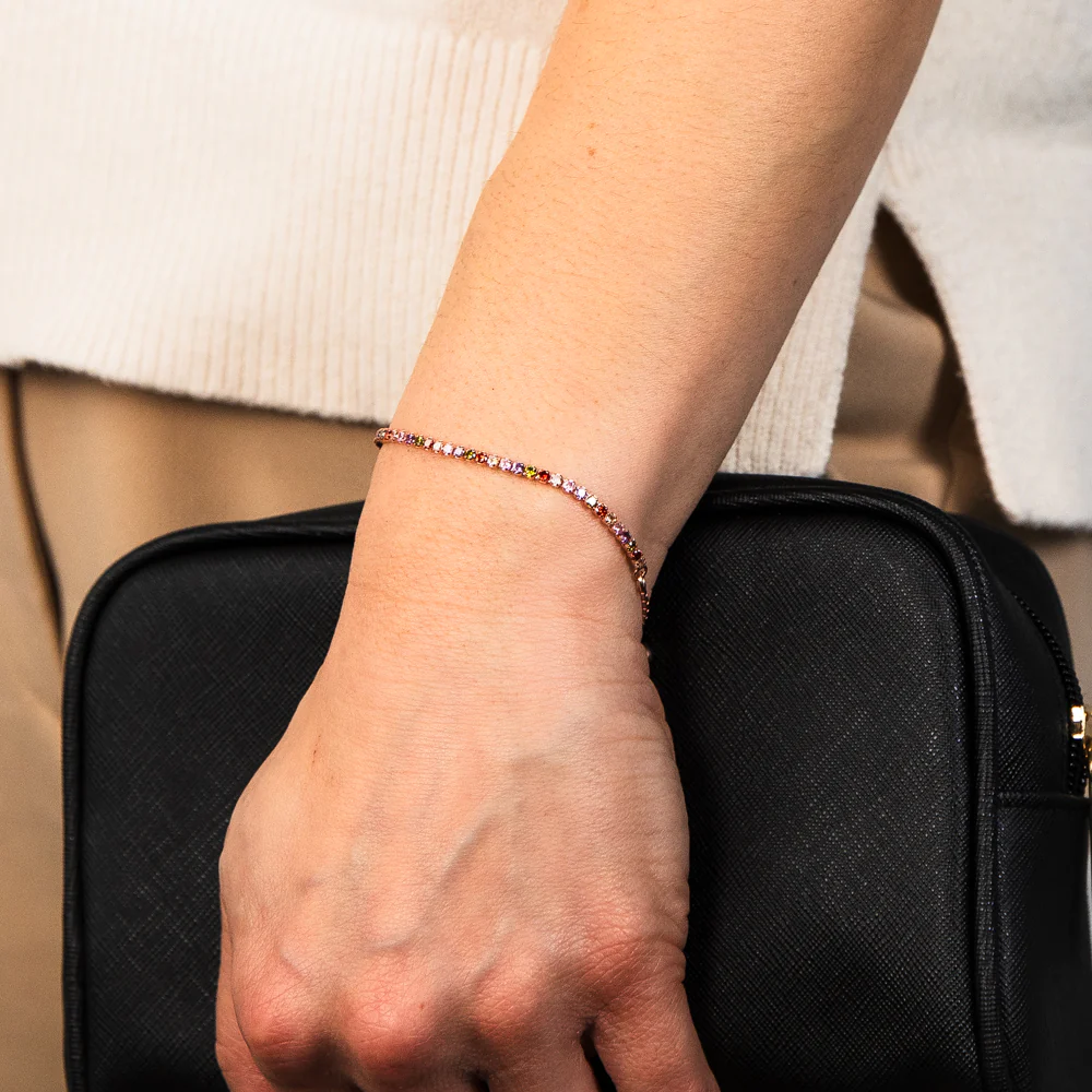 Sterling Silver Rose Gold Plated Multicolour Cubic Zirconia Adjustable Tennis Bracelet - Image 2