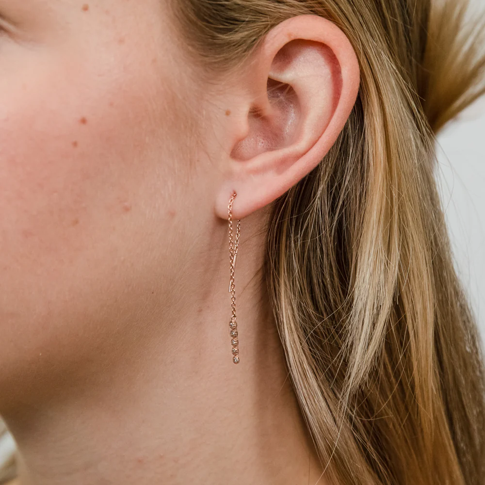 Sterling Silver Rose Gold Plated Tiny Flowers Threader Earrings - Image 2