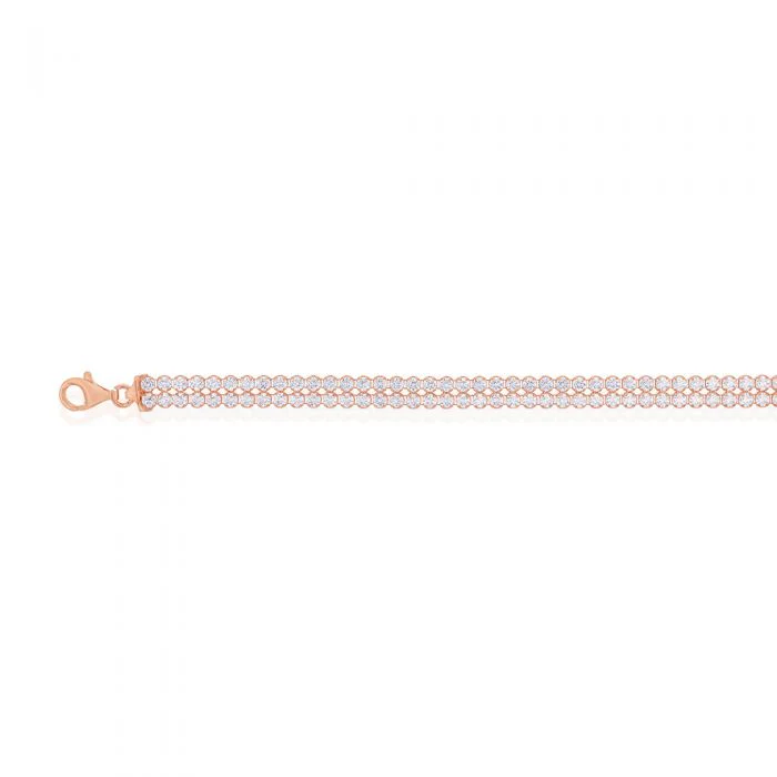 Sterling Silver Rose Gold Plated Two Row Cubic Zirconia Tennis 19cm Bracelet - Image 2