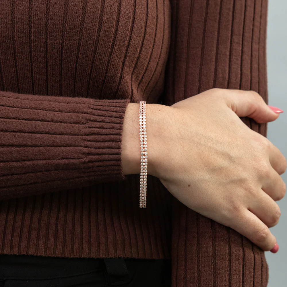 Sterling Silver Rose Gold Plated Two Row Cubic Zirconia Tennis 19cm Bracelet - Image 3