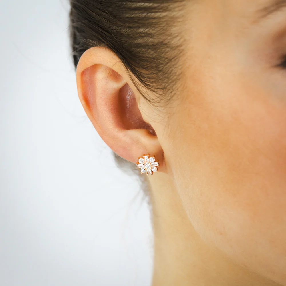 Sterling Silver Rose Gold Plated White Cubic Zirconia Flower Stud Earrings - Image 2
