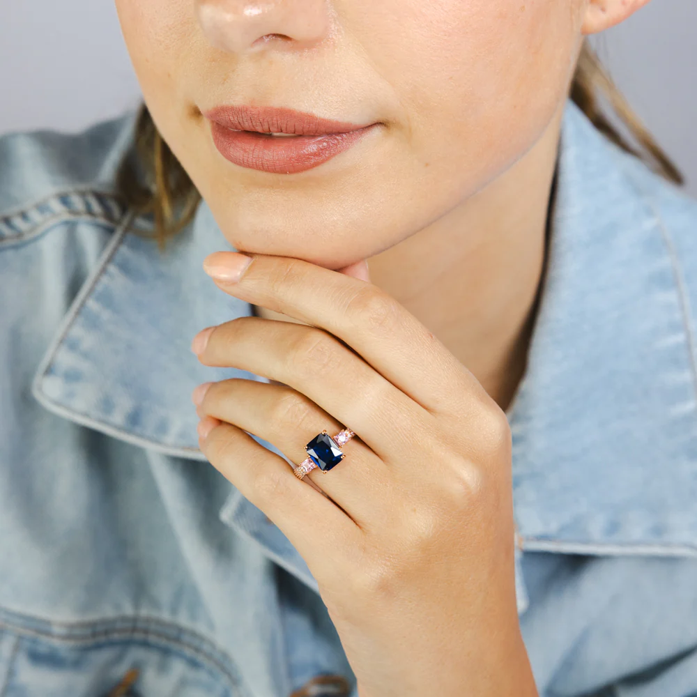 Sterling Silver Rose Gold Plated White Pink and Sapphire Blue Cubic Zirconia Fancy Ring - Image 3