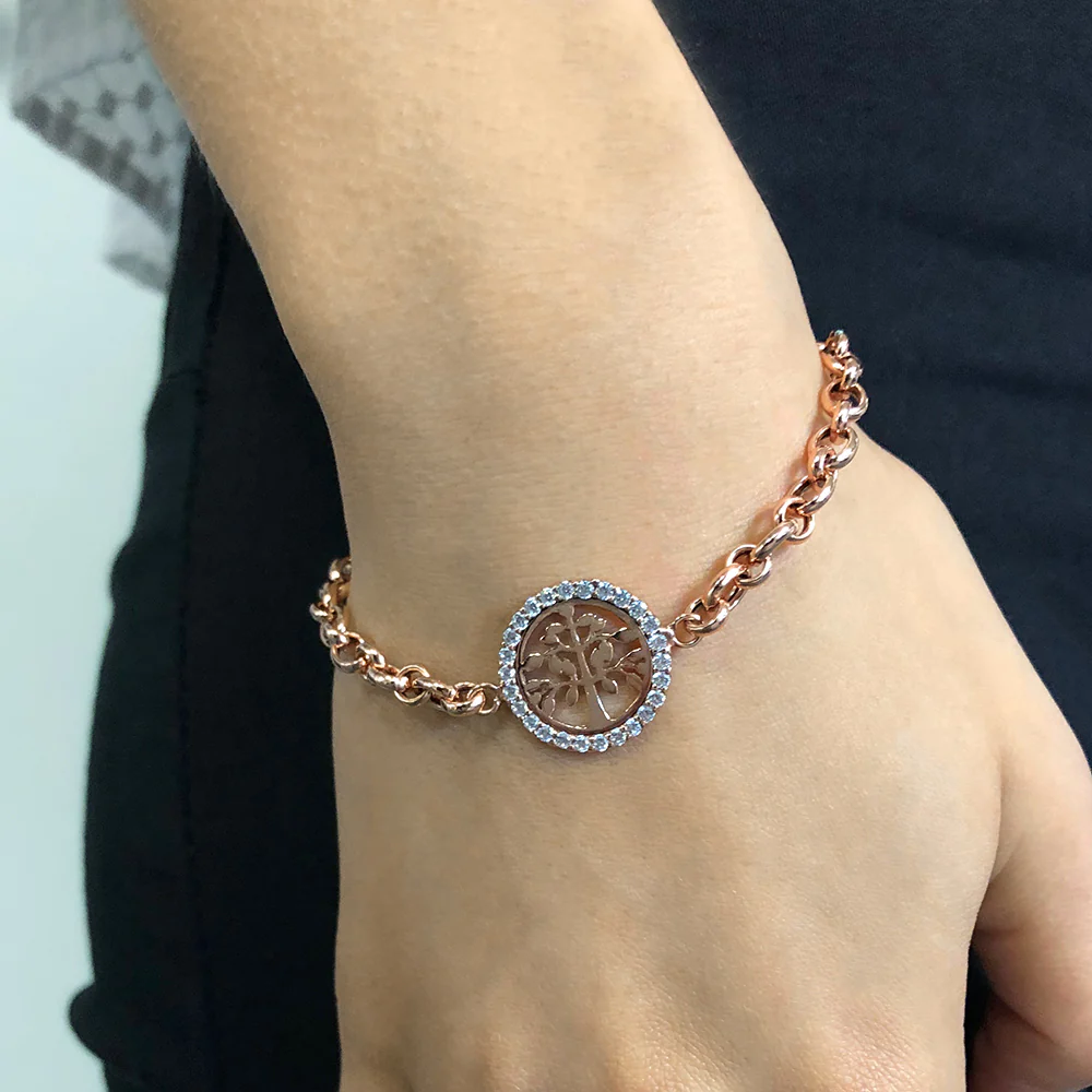 Sterling Silver Rose Plated 19cm Fancy Zirconia Disc on Belcher Bracelet - Image 3