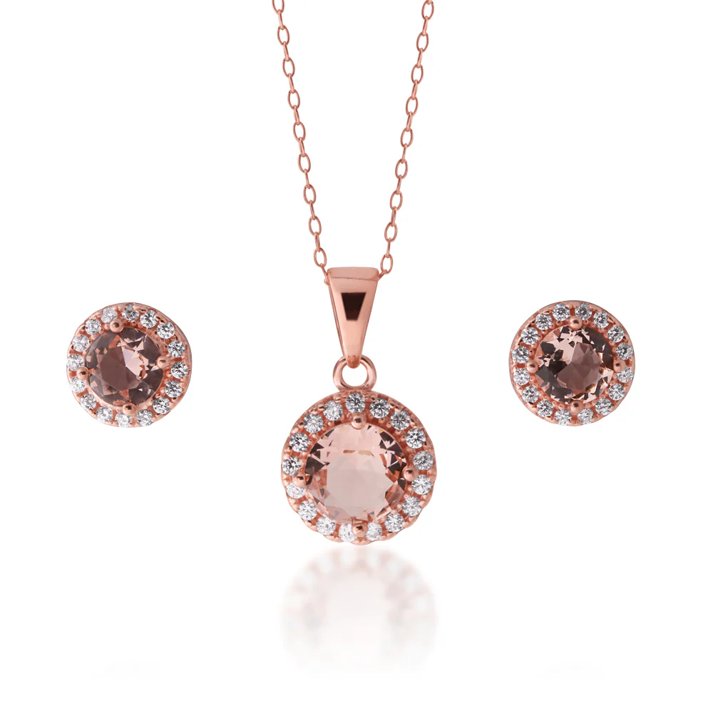 Sterling Silver Rose Plated Crystal and Zirconia Halo Stud and Pendant Set on Chain - Image 2