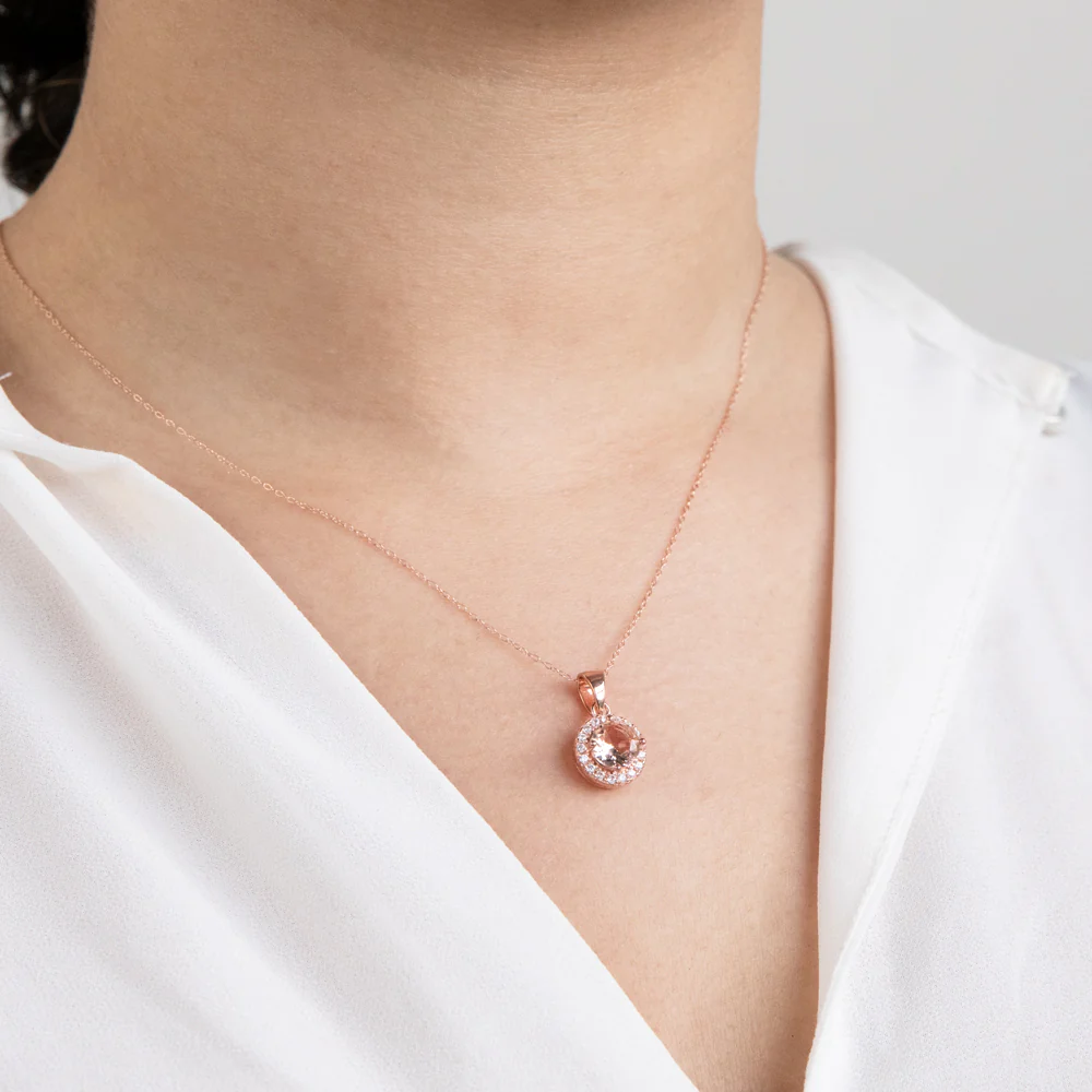Sterling Silver Rose Plated Crystal and Zirconia Halo Stud and Pendant Set on Chain - Image 3