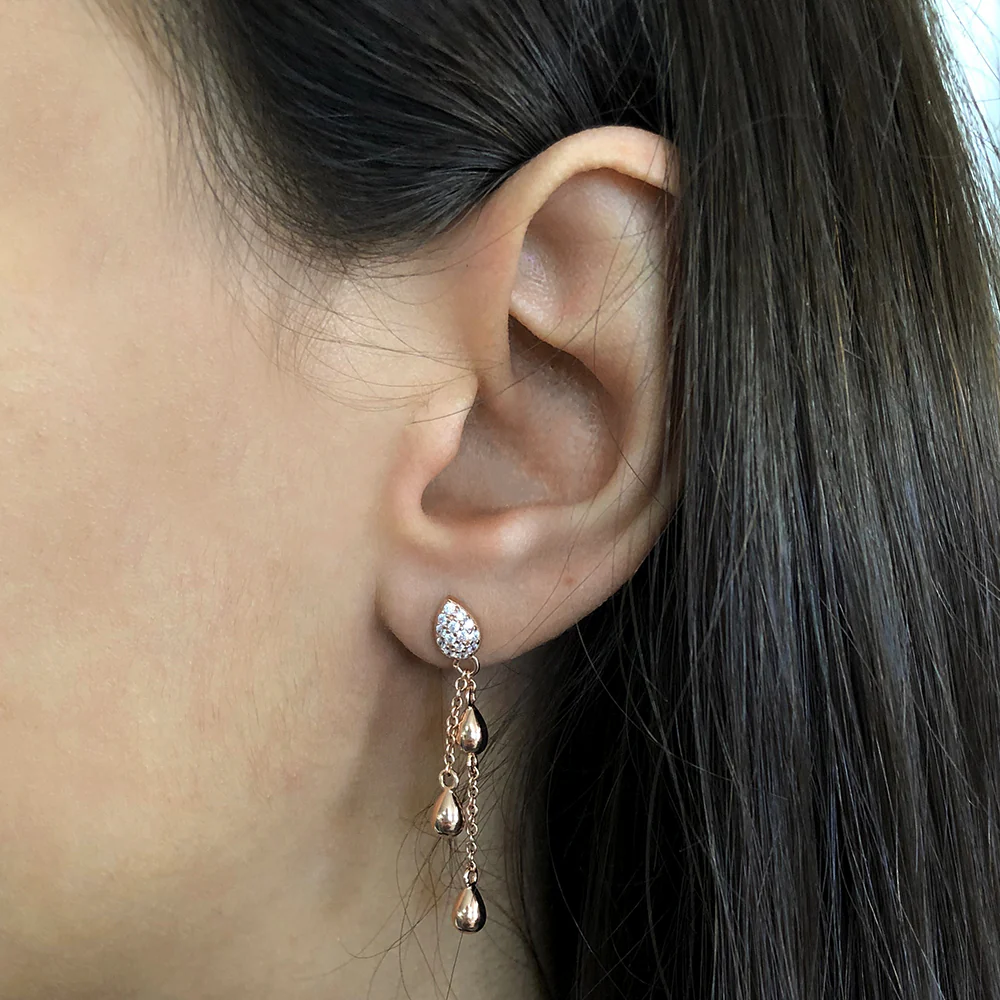 Sterling Silver Rose Plated Zirconia Double Chain Drop Earrings - Image 2