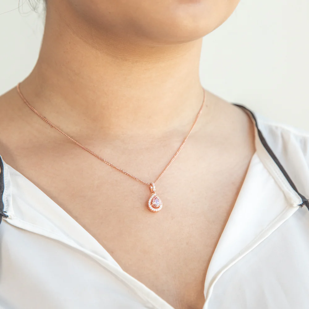 Sterling Silver Rose Plated Zirconia Pear Pendant - Image 2