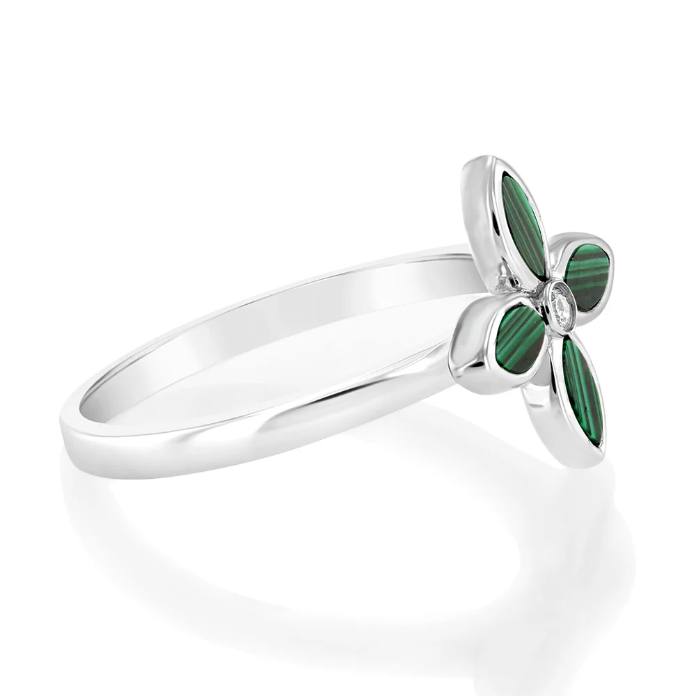 Sterling Silver Rose Rhodium Plated Created Malachite Four Petal Ring - Image 2