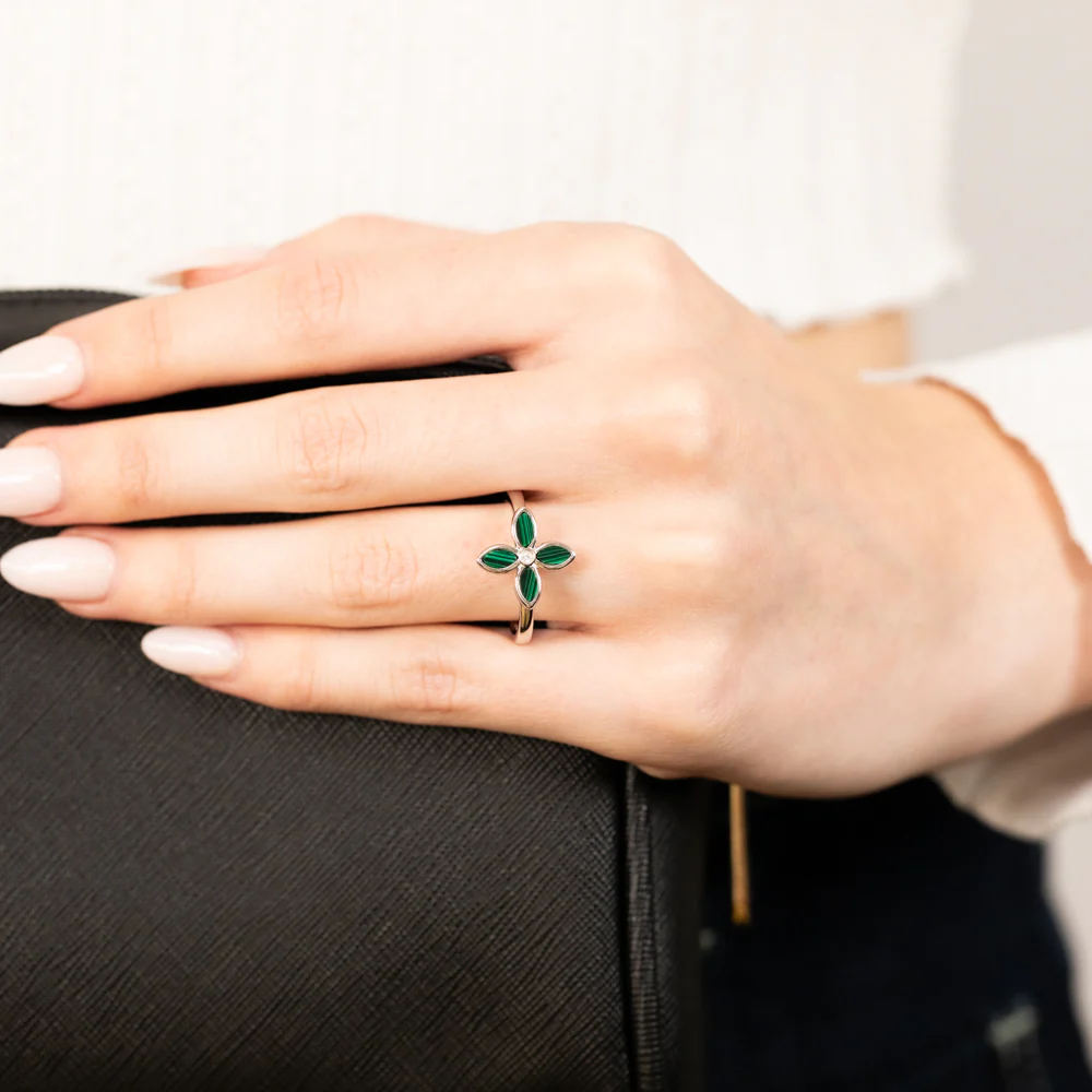 Sterling Silver Rose Rhodium Plated Created Malachite Four Petal Ring - Image 3