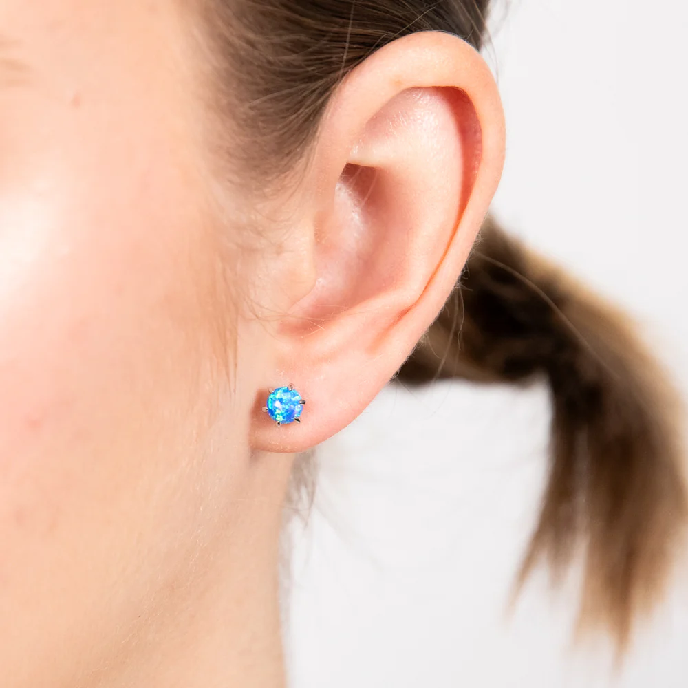 Sterling Silver Round Created Blue Opal Claw Stud Earrings - Image 2