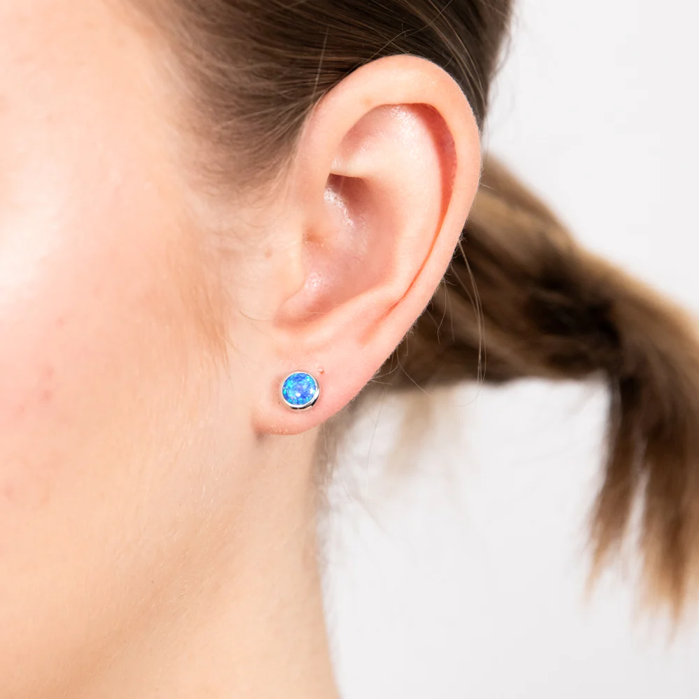 Sterling Silver Round Created Blue Opal Stud Earrings - Image 2