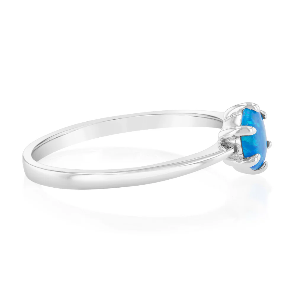 Sterling Silver Round Created Opal 6 Claw Ring - Image 2