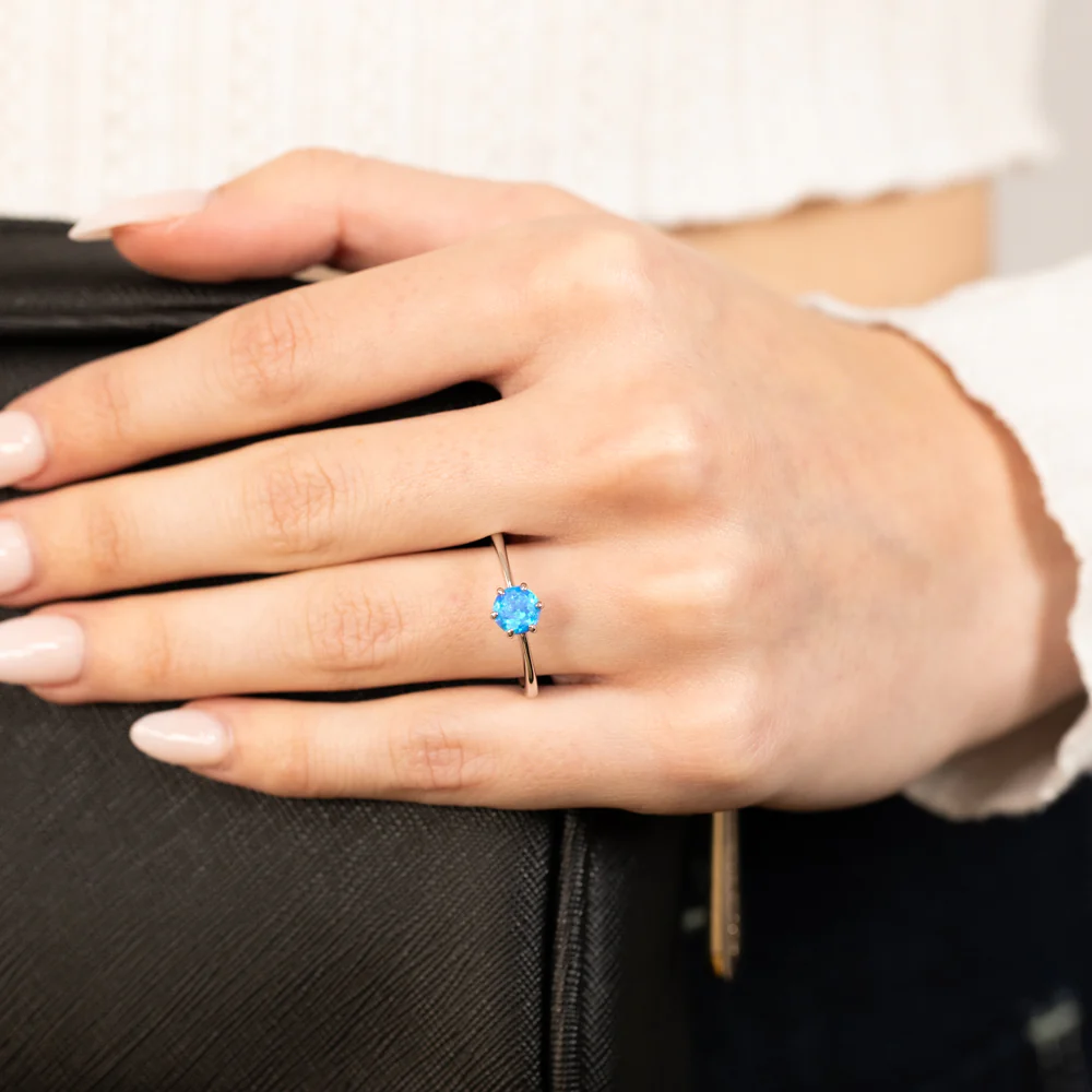 Sterling Silver Round Created Opal 6 Claw Ring - Image 3