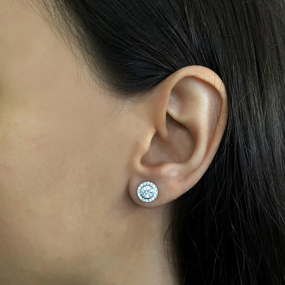 Sterling Silver Round Halo Zirconia Stud Earrings - Image 2