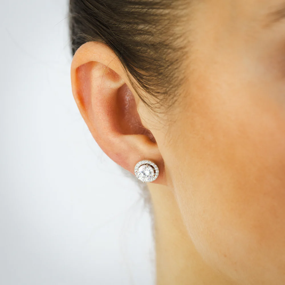 Sterling Silver Round White Cubic Zirconia Halo Stud Earrings - Image 3