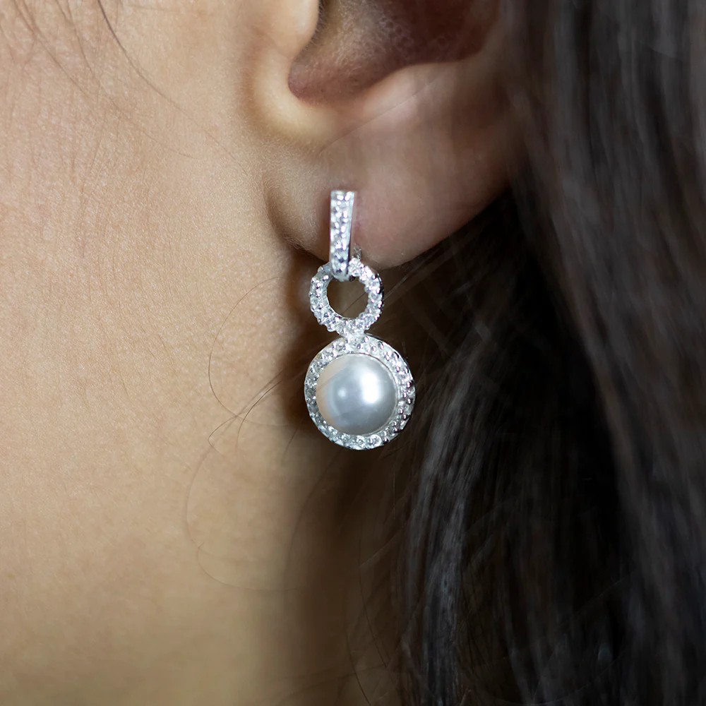 Sterling Silver Simulated Pearl and Zirconia Fancy Drop Earrings - Image 2