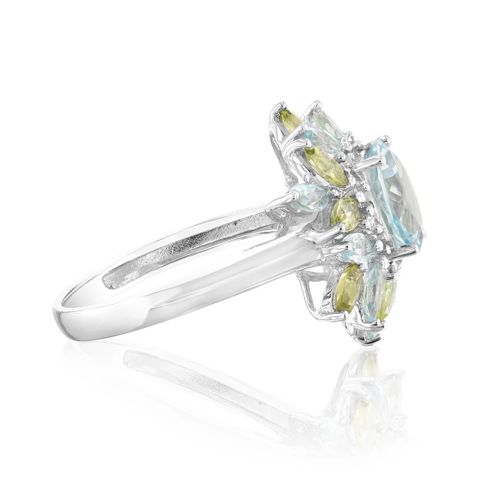 Sterling Silver Sky Blue Topaz & Peridot Ring with Diamonds - Image 2