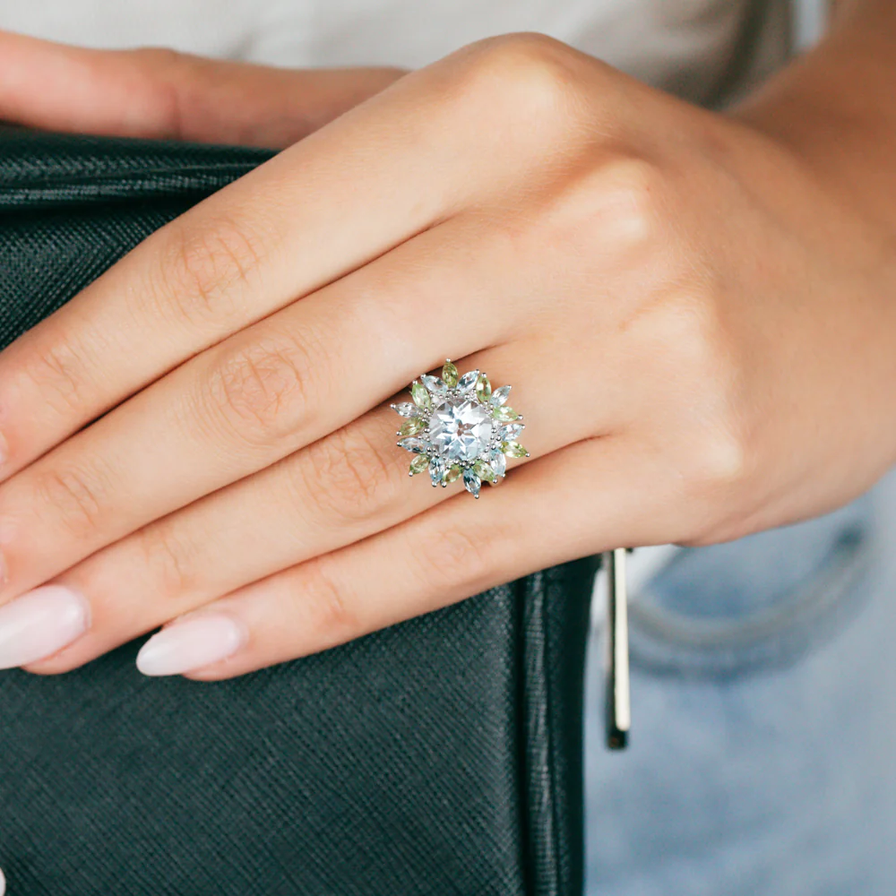Sterling Silver Sky Blue Topaz & Peridot Ring with Diamonds - Image 3