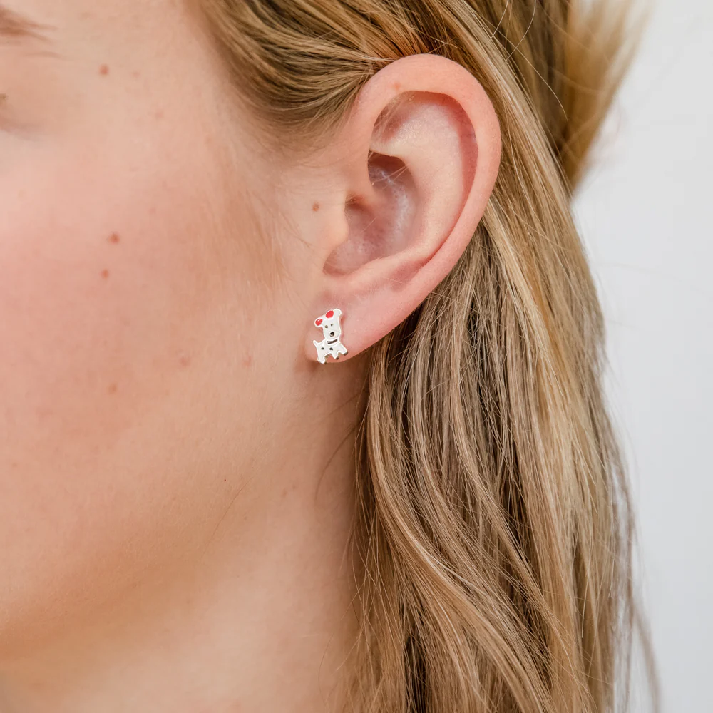 Sterling Silver Small Dog With Ribbon Stud Earrings - Image 2