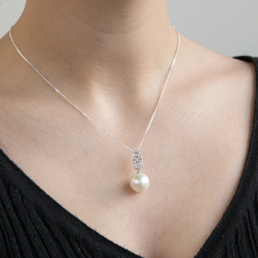 Sterling Silver South Sea Pearl and Zirconia Pendant on Chain "Lola" - Image 2