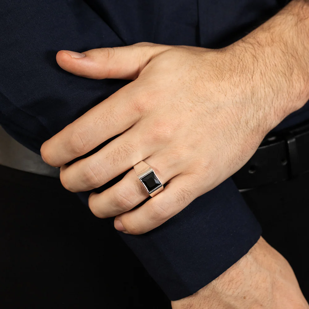 Sterling Silver Square Black Zirconia Gents Ring - Image 3