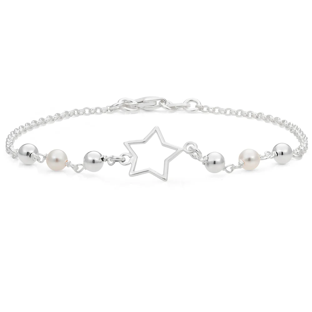Sterling Silver Star and Simulated Pearl Fancy Bracelet 19cm - Image 2