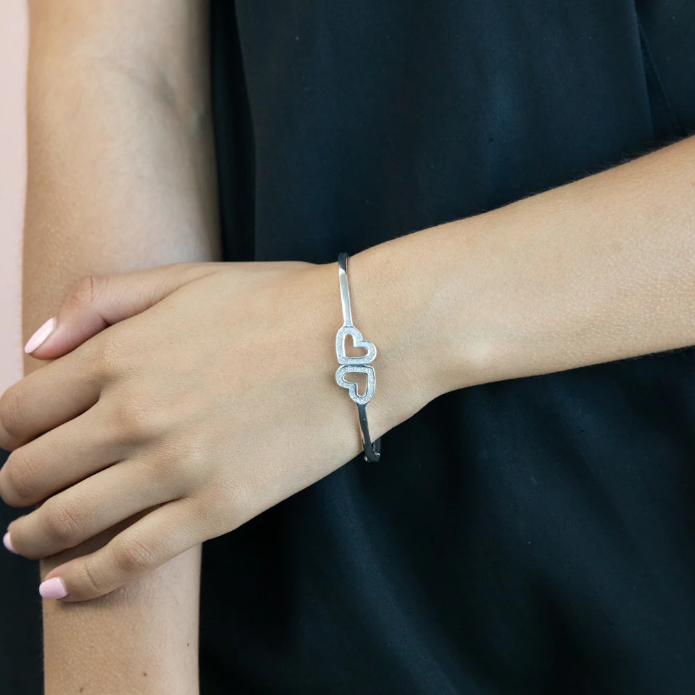 Sterling Silver Stardust Double Heart Hinged Bangle - Image 2