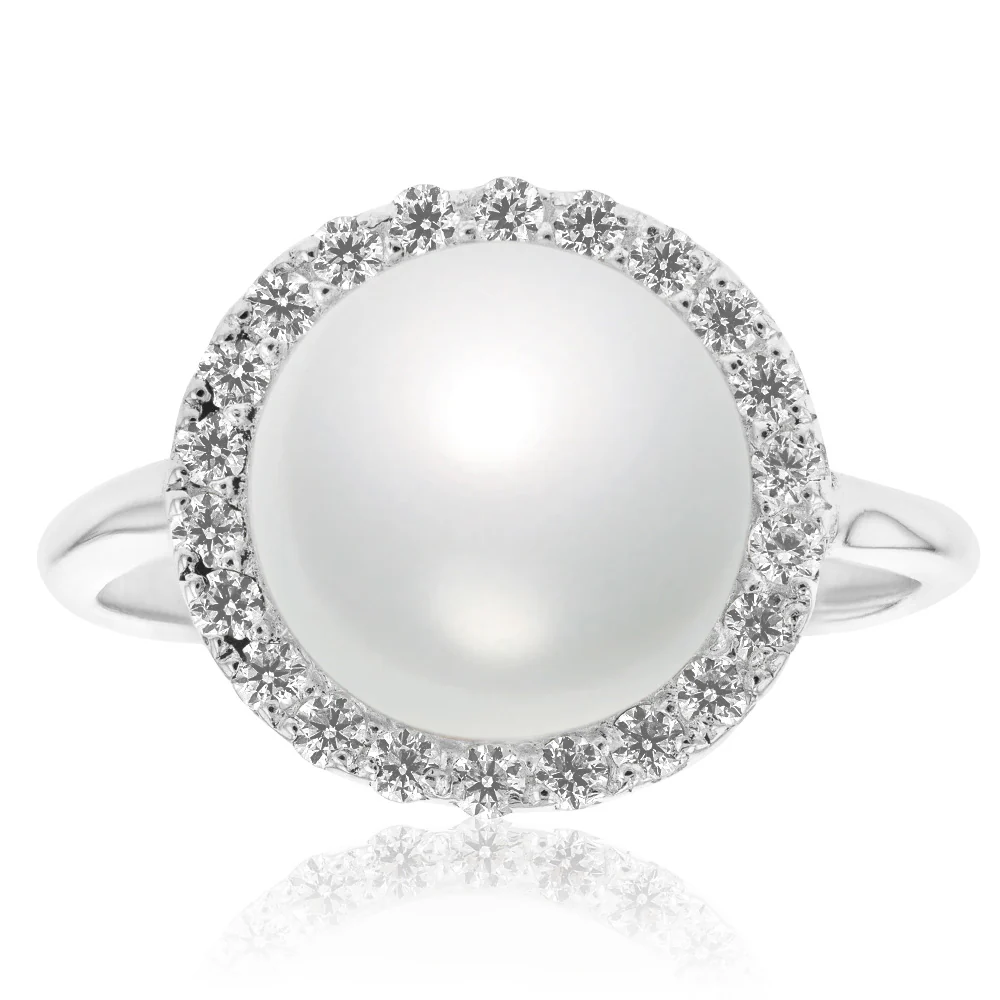 Sterling Silver Swarovski Pearl & Cubic Zirconia Halo Ring - Image 2
