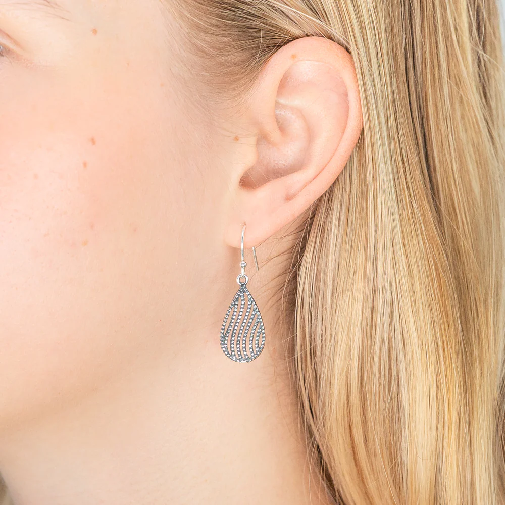 Sterling Silver Teardrop Milgrain Drop Earrings - Image 2