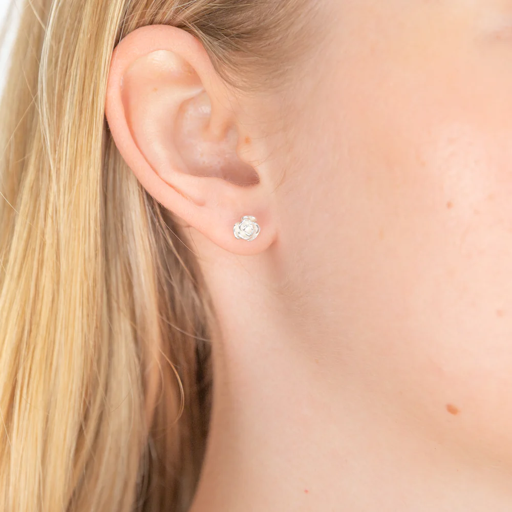 Sterling Silver Tiny Rose Stud Earrings - Image 3