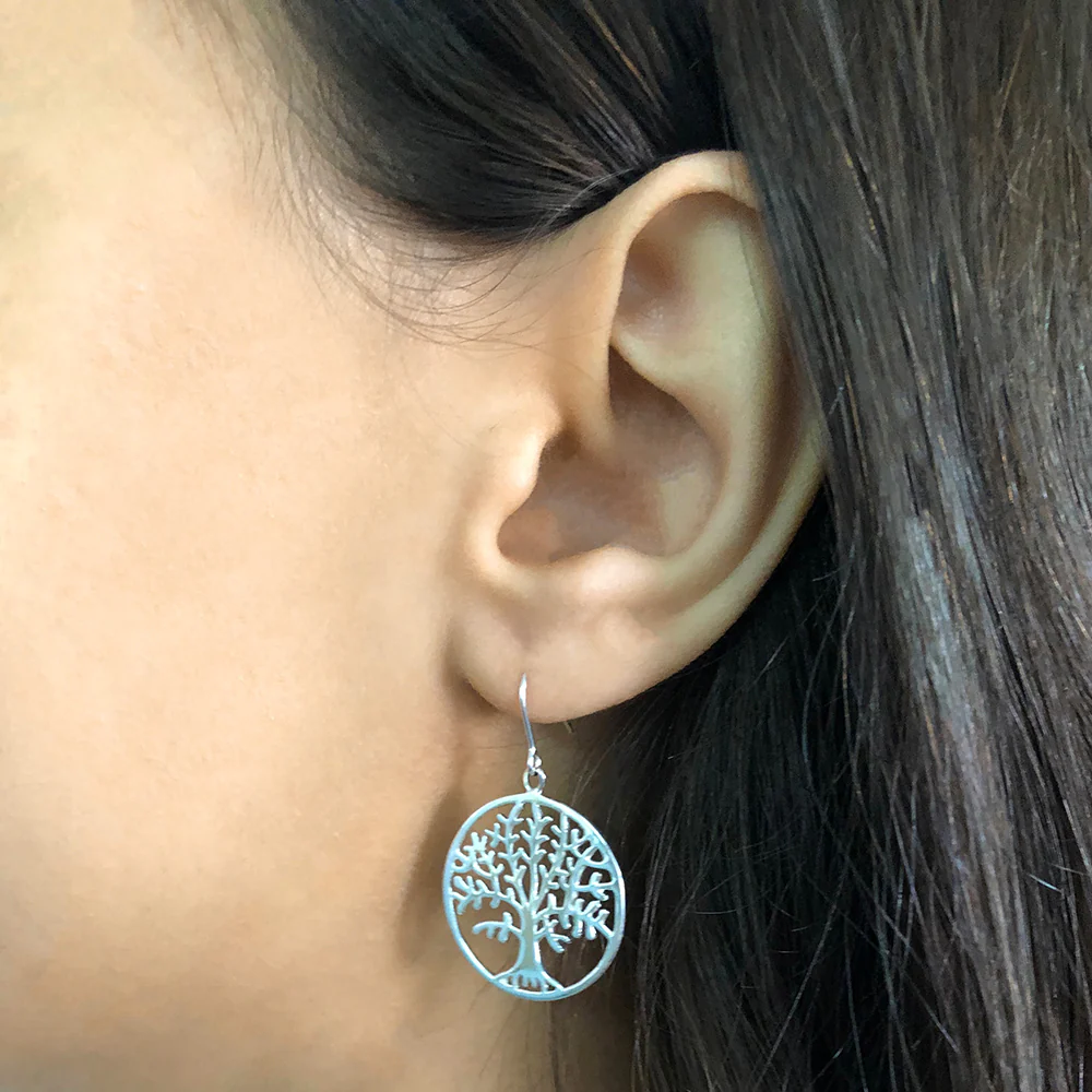 Sterling Silver Tree of Life in Circle Drop Earrings - Image 2