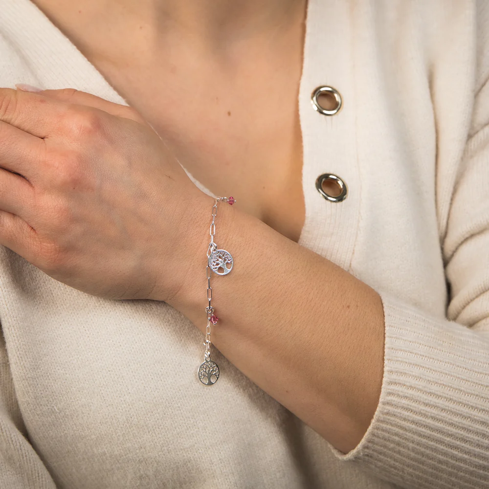 Sterling Silver Tree Of Life & Pink Charm 19cm Bracelet - Image 3