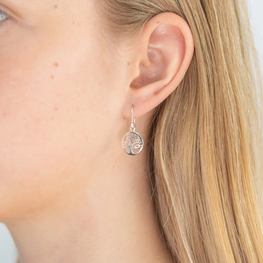 Sterling Silver Tree of Life Round Drop Earrings - Image 2