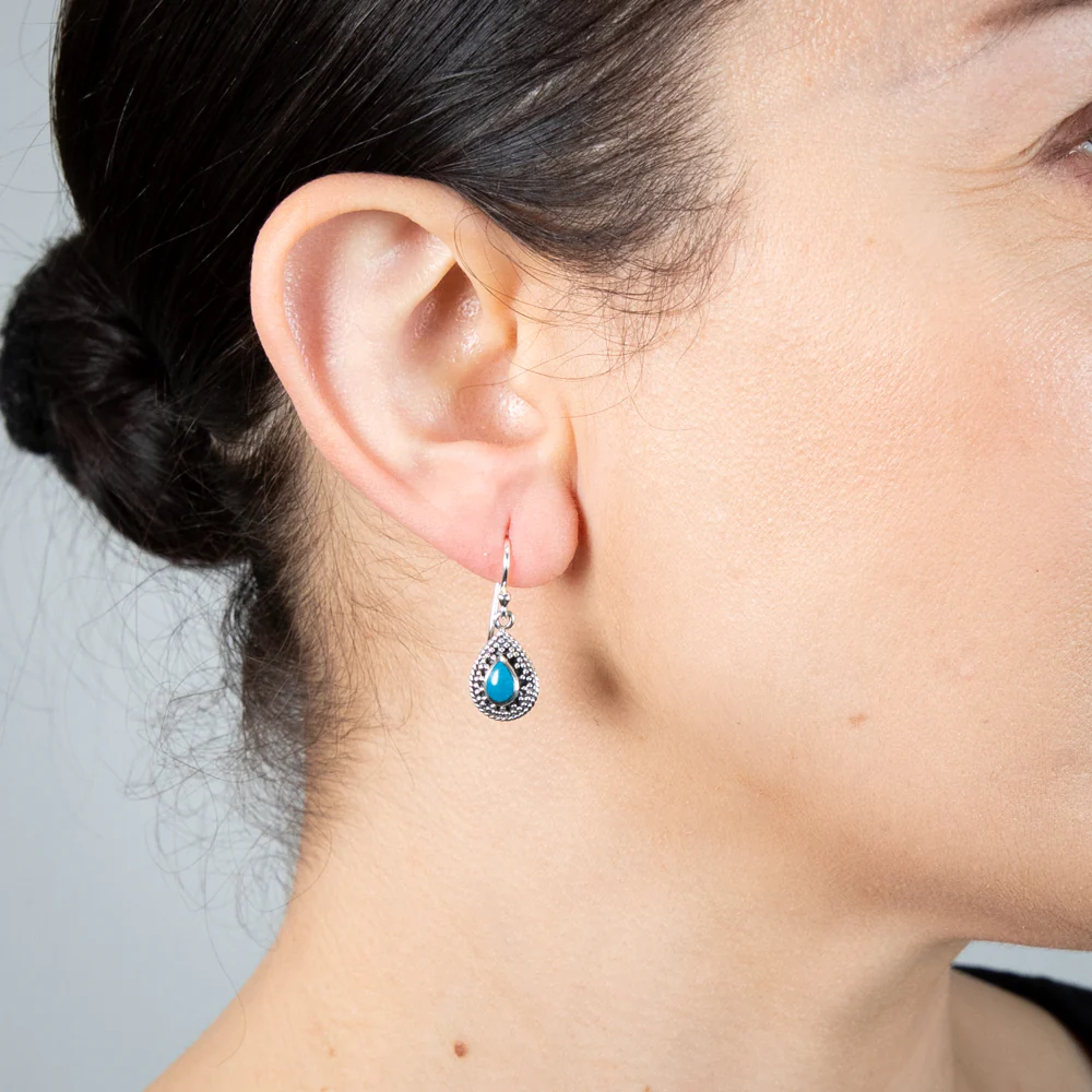 Sterling Silver Turquoise Stone Pear Shape Drop Earrings - Image 2