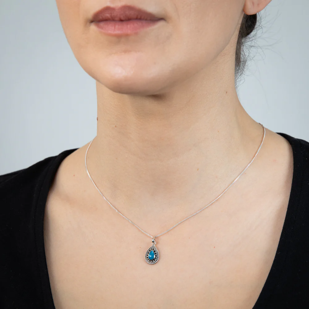 Sterling Silver Turquoise Stone Pear Shape Oxidised Pendant - Image 2