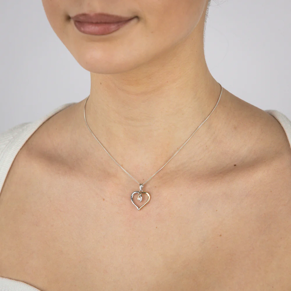 Sterling Silver Two Tone Cubic Zirconia Fancy Open Heart Pendant - Image 2
