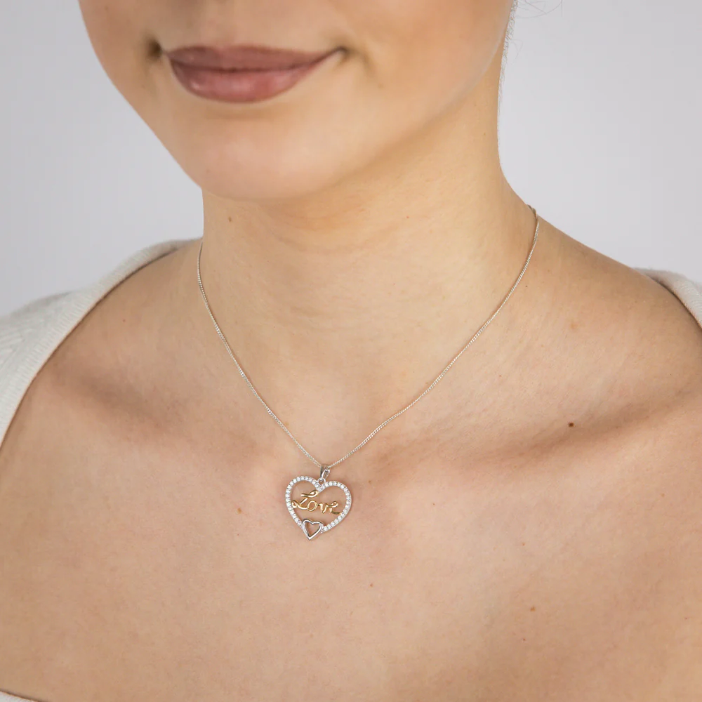 Sterling Silver Two Tone Cubic Zirconia "Love" Heart Pendant - Image 2