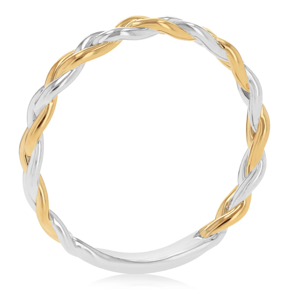 Sterling Silver Two Tone Gold Plated Braided Ring with Plain Shank - Image 2