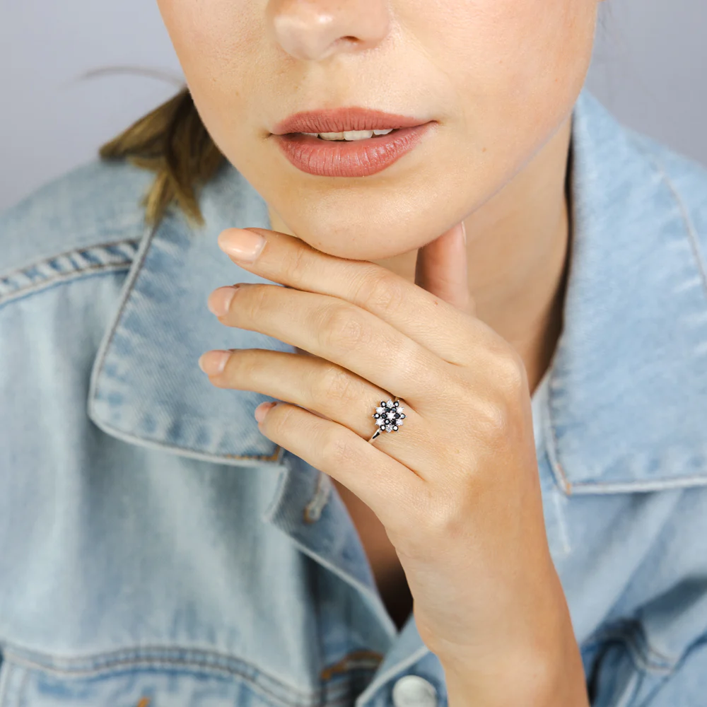 Sterling Silver White And Black Cubic Zirconia Fancy Flower Ring - Image 3