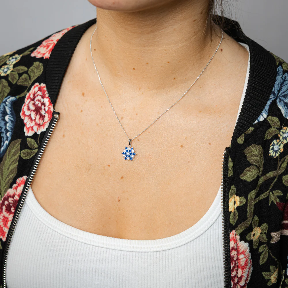 Sterling Silver White And Blue Cubic Zirconia Fancy Flower Pendant - Image 2