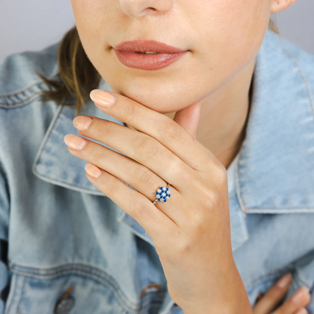 Sterling Silver White And Blue Cubic Zirconia Fancy Flower Ring - Image 3