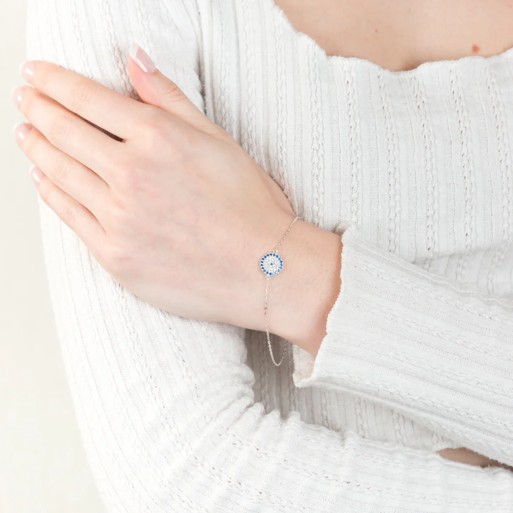 Sterling Silver White And Blue Round Pendant 19cm Bracelet - Image 3