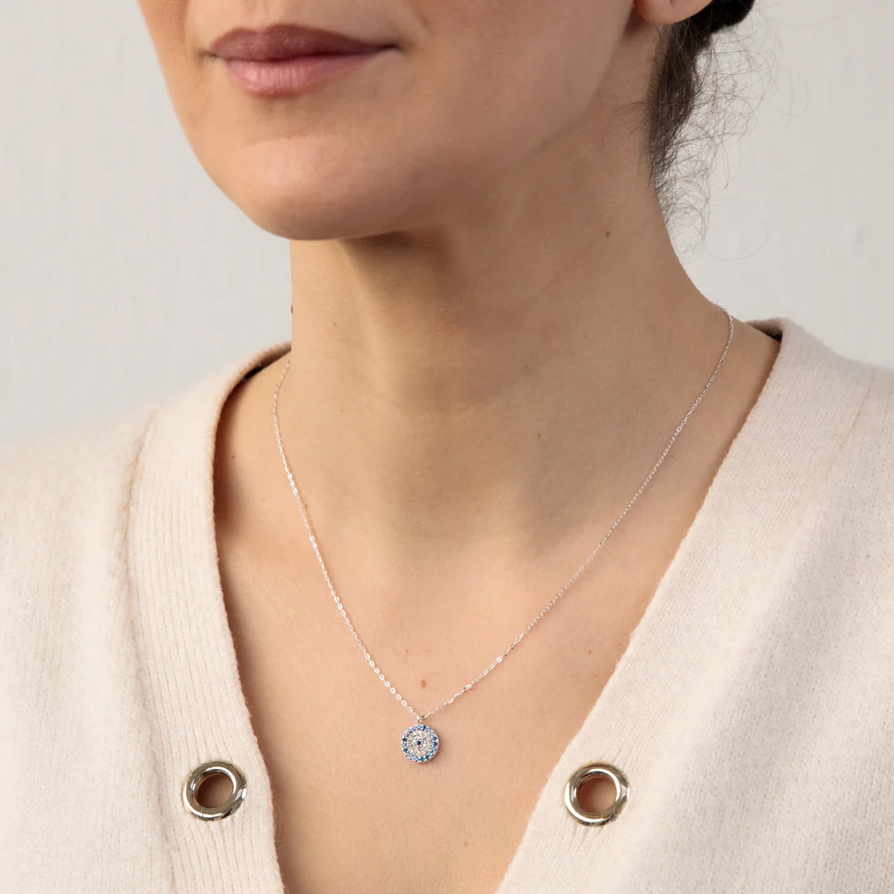 Sterling Silver White And Blue Round Pendant On 45cm Chain - Image 2
