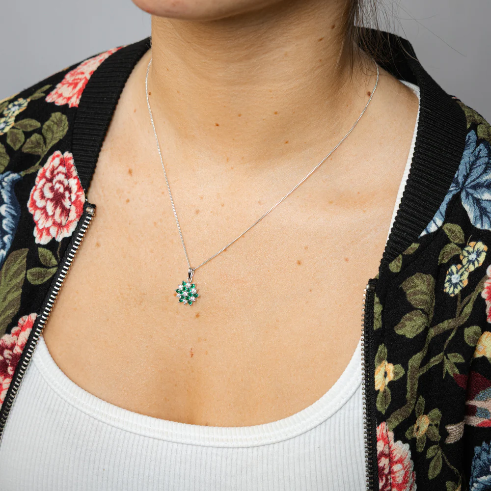 Sterling Silver White And Green Cubic Zirconia Fancy Flower Pendant - Image 2